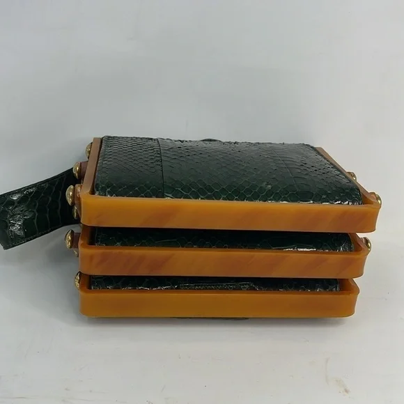 Emerald Green Snakeskin and Caramel Bakelite Geometric Tiered Handbag - Picture 10 of 16